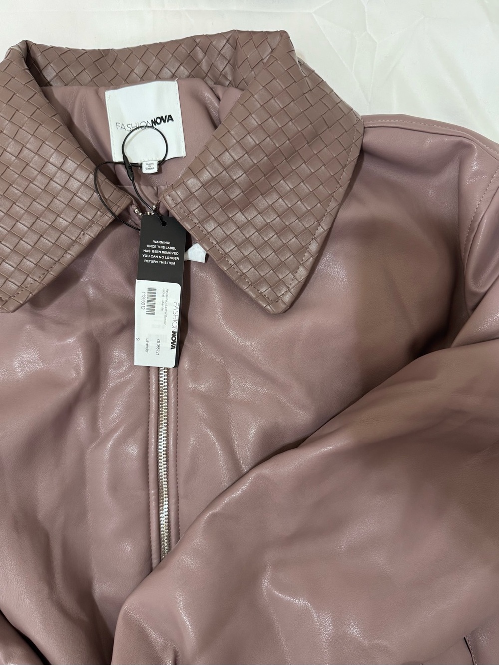 Fashion Nova Mauve Woven-Collar Faux Leather Zip Jacket